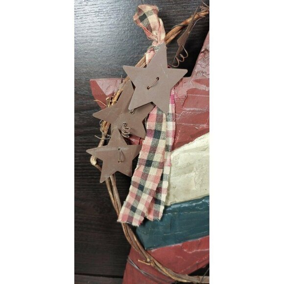 Rustic Vintage Wooden Star Wall Decor With Metal Stars & Plaid Ribbon Patriotic - Picture 6 of 10